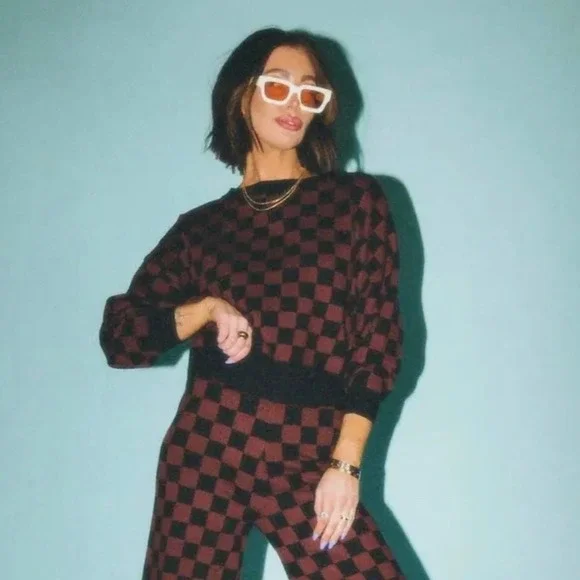 Checkered Crew Neck Sweater - Black and Brown - Picture 2 of 12